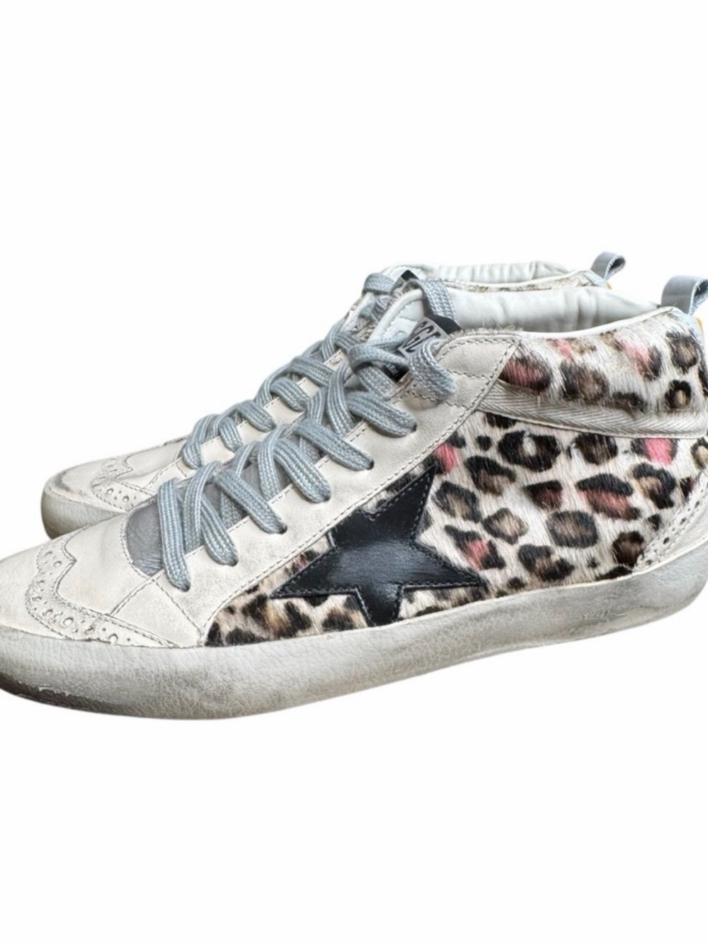 Golden Goose Leopard Print High-Top Sneakers with Black Star and Gray Laces